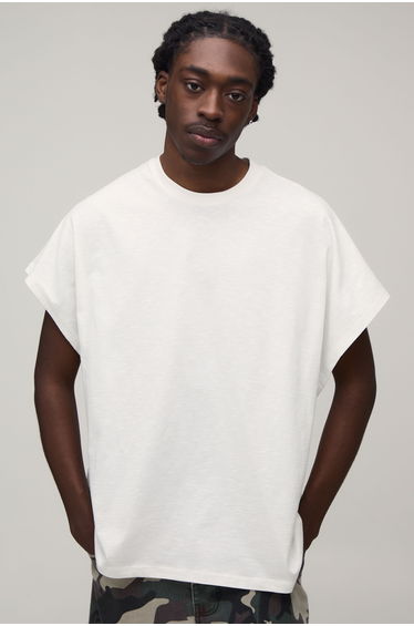 Oversized Cap Sleeve Slub T-Shirt - white