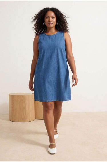 Dark Blue Ruffled Oversized Mini 100% Cotton Non-Stretch Denim Plus Size Dress
