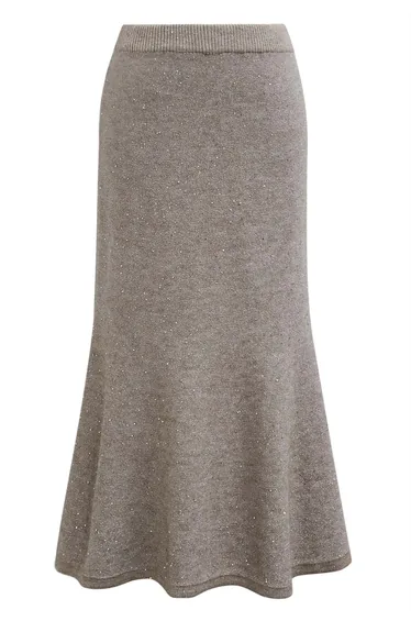 Sequin Mix-Knitted Bodycon Mermaid Midi Skirt in Oatmeal