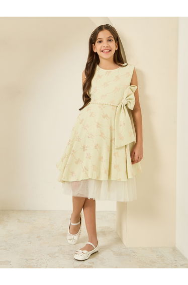 Girls Green Jacquard Sleeveless Dress with Bow Detail