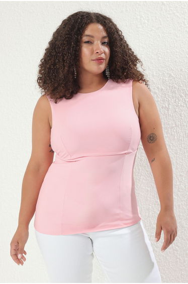 Pink Sleeveless Backless Bowknot Stylish Woven Plus Size Blouse