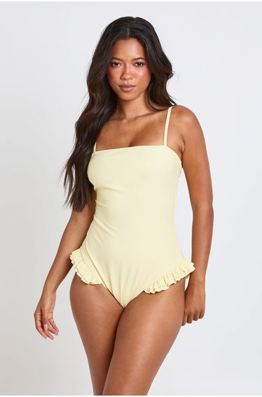 Square Neck Ruffle Detail Swimsuit - lemon