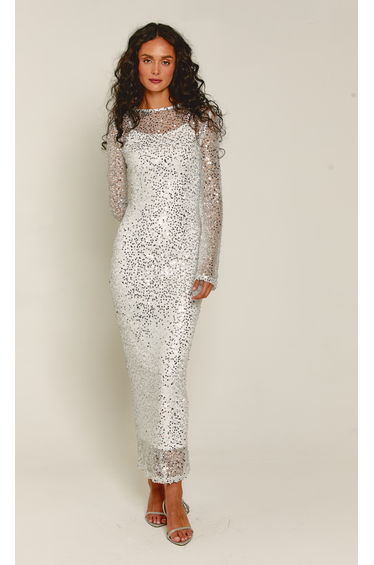 White Long Sleeve Sequin Maxi Dress
