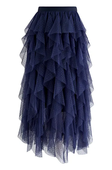 Dots Full Ruffled Tulle Skirt in Navy