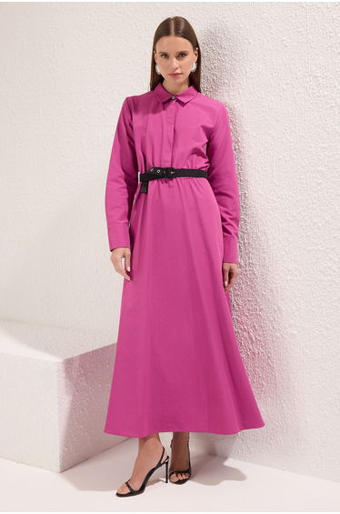 Fuchsia Belt Detailed Woven Dress