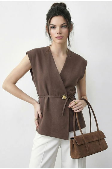 LUCCI Belted V-Neck Crepe Waistcoat