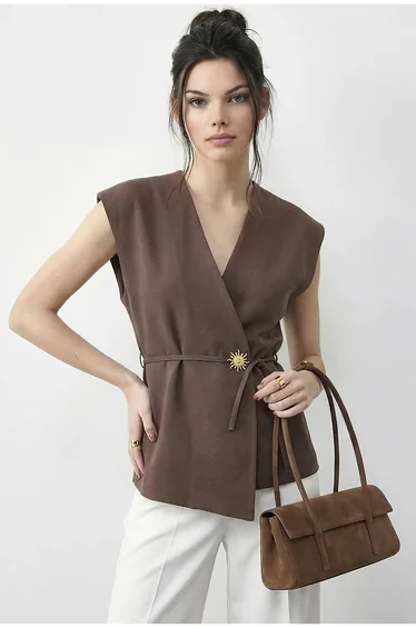 LUCCI Belted V-Neck Crepe Waistcoat