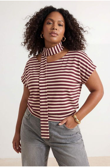 Burgundy Striped Scarf Asymmetric Collar Viscose Ribbed Plus Size Blouse