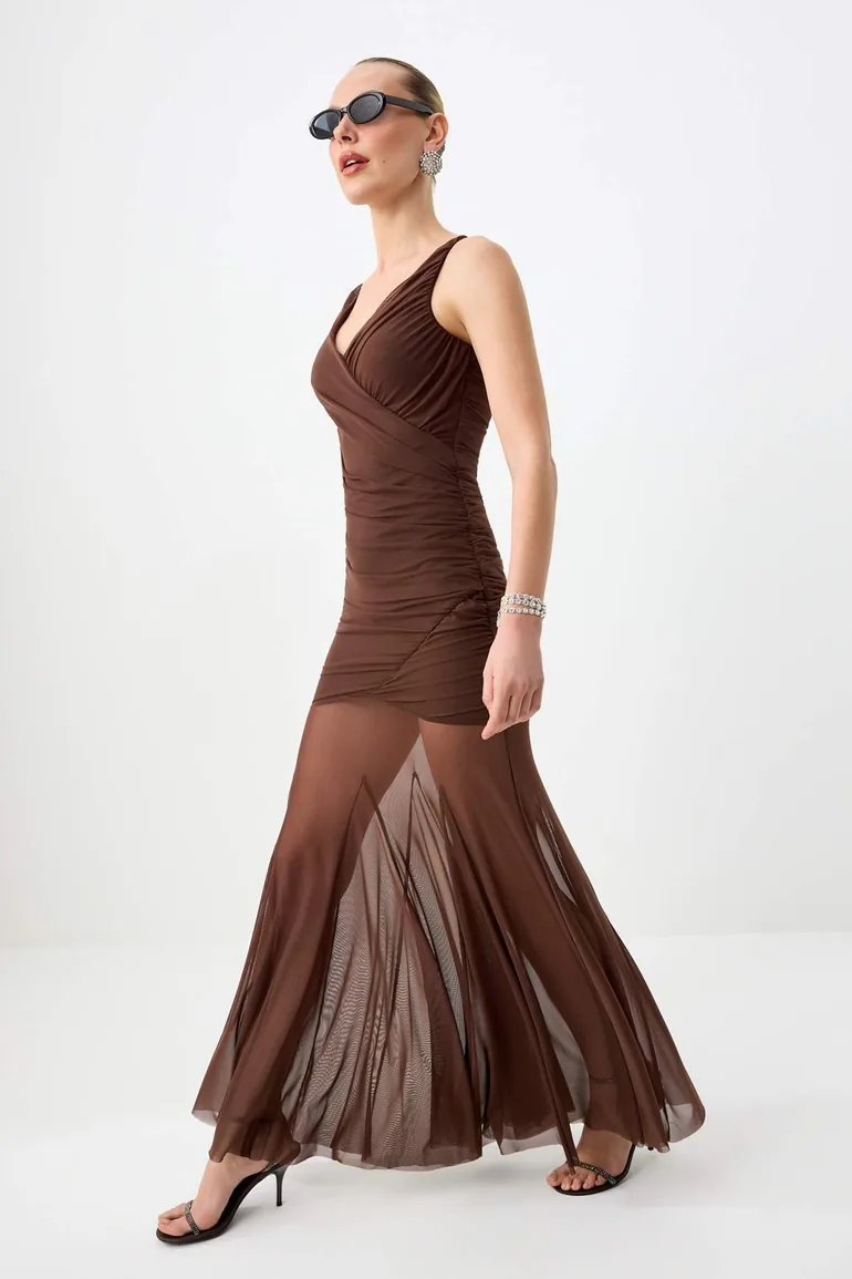 Brown Woven Maxi Evening Dress & Graduation Gown - 1