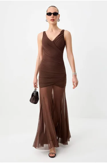 Brown Woven Maxi Evening Dress & Graduation Gown
