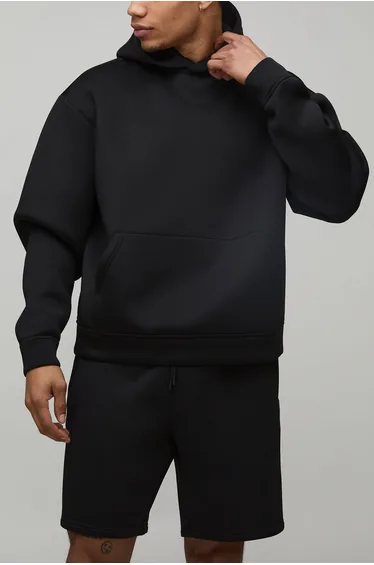 Oversized Boxy Bonded Scuba Short Hooded Tracksuit - black