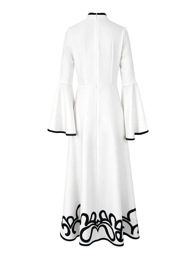A-Line Flared Sleeves Abstract Printed Contrast Color Hollow Line Split-Joint Stand Collar Maxi Dresses - 11