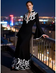 A-Line Flared Sleeves Abstract Printed Contrast Color Hollow Line Split-Joint Stand Collar Maxi Dresses