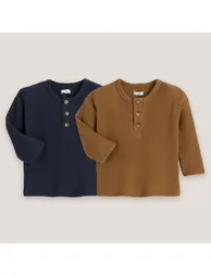 Pack of 2 T-Shirts with Grandad Collar and Long Sleeves