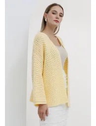 Open Front Hollow Out Knit Cardigan in Light Yellow - 1