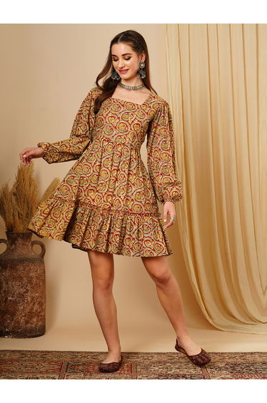 Multi Square Neck Ethnic Motifs Fusion Mini Dress