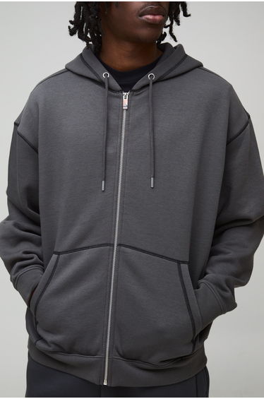 Oversized Contrast Stitch Zip Through Hoodie - charcoal
