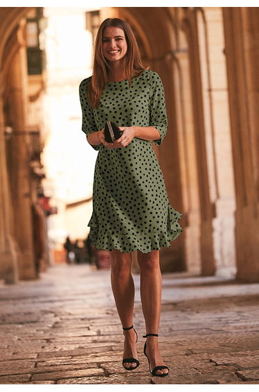 Khaki Green & Black Spot Print Ruffle Hem Shift Dress