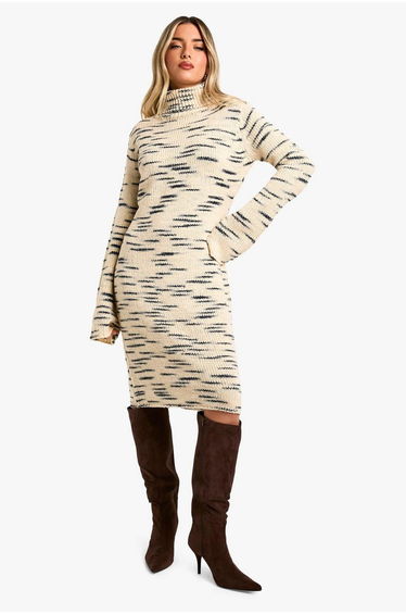 Premium Marl Knit Roll Neck Midi Dress - stone