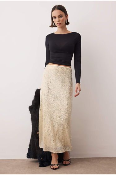 Silver Midi Party Sequin Skirt
