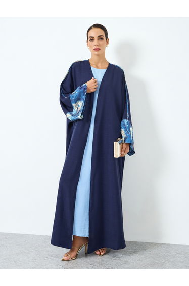 Women Blue Contrast Print Long Sleeve Abaya