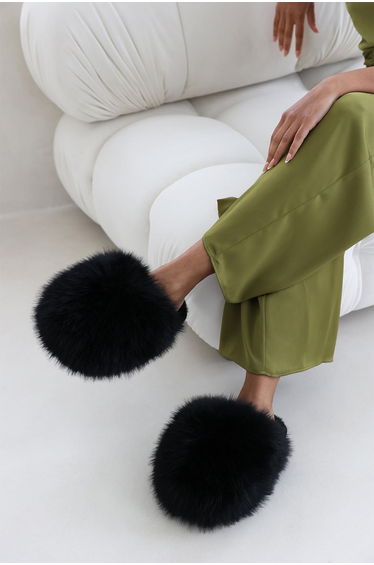 Inez Fluffy Black Faux Fur Mule Slippers