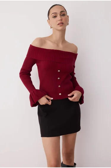 Claret Red Fitted/Body-Smoothing Carmen Collar Ribbed Knitwear Sweater