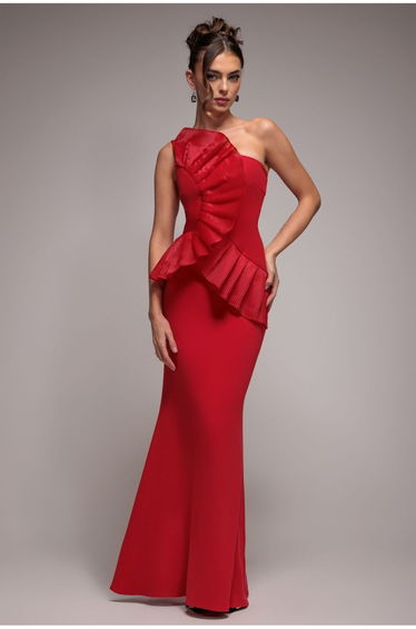 Goddiva One Shoulder Pleated Fan Maxi - Red