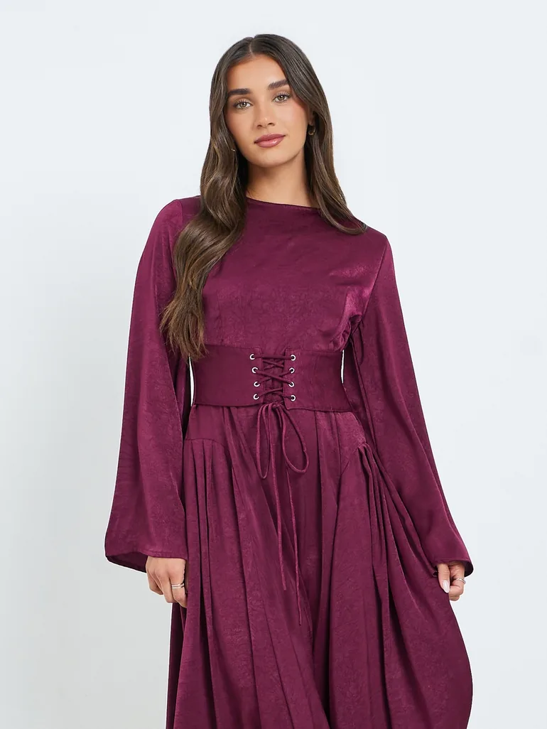 Women Burgundy Long Sleeves A-Line Midi Dress - 1