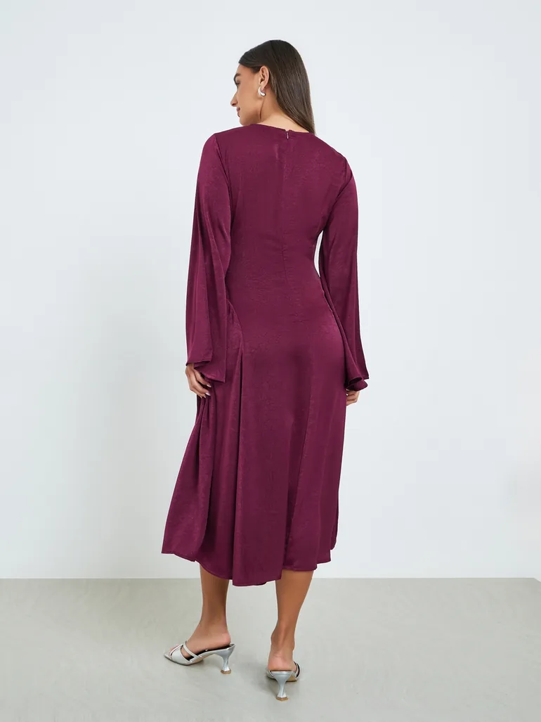 Women Burgundy Long Sleeves A-Line Midi Dress - 3