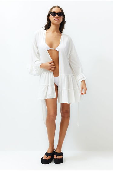 Black Belted Mini Woven Ruffle Kimono