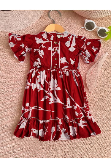 Floral Print Short SleeveÂ Cotton Dress with Ruffle Trim