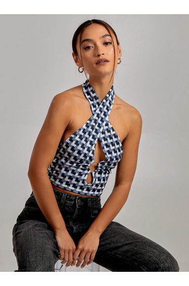 Geometric Print Cut Out Halterneck Top