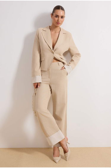 Beige Linen Look Leg Detail Wide Leg /Wide Leg Trousers
