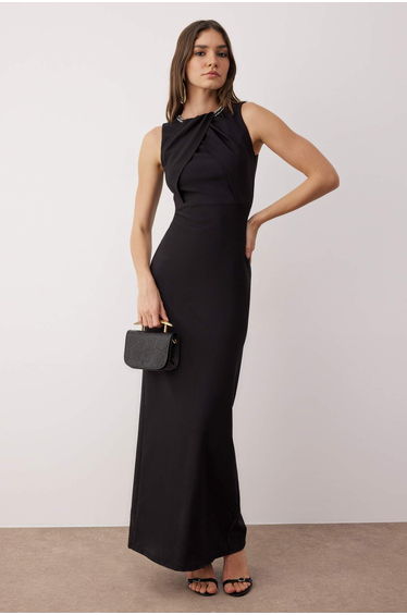 Black Accessory Detailed Woven Maxi Evening & Graduation Dress