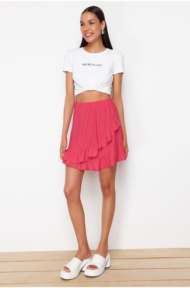 Fuchsia Textured Asymmetric Ruffle Detailed Elastic Waist Flexible Mini Knitted Skirt