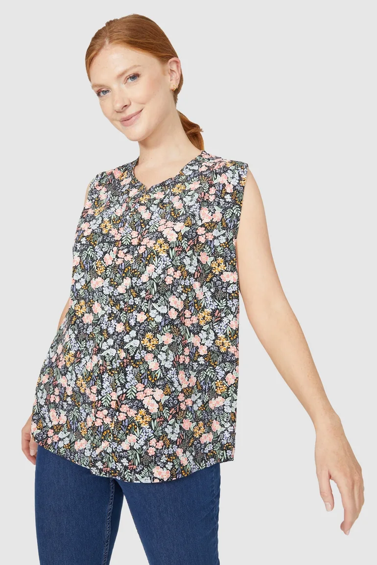 Sleeveless Floral Print Button Through Top - black