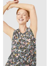 Sleeveless Floral Print Button Through Top - black - 3
