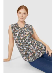 Sleeveless Floral Print Button Through Top - black - 2