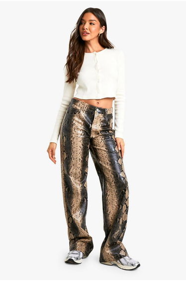 Snake Faux Leather Wide Leg Trouser - black