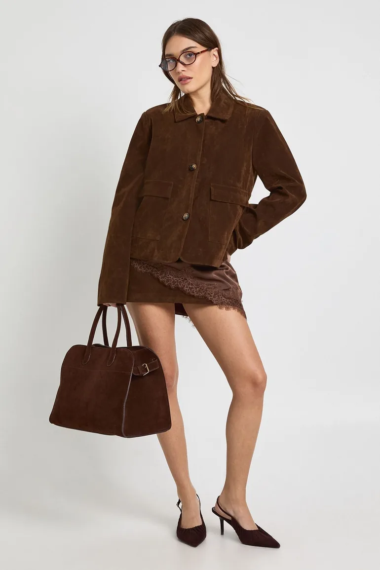 Faux Suede Pocket Detail Blazer - chocolate - 2