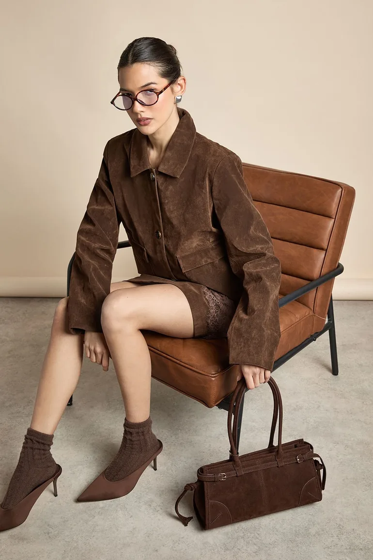 Faux Suede Pocket Detail Blazer - chocolate