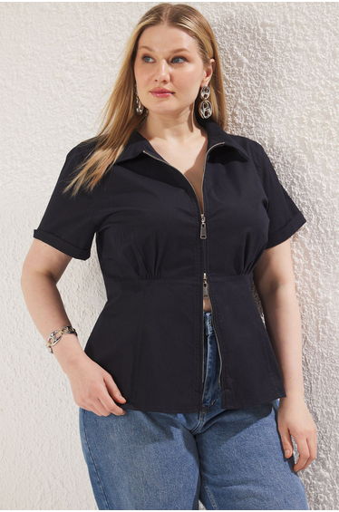 Navy Blue Short Sleeve Functional Zippered Fabric Plus Size Shirt