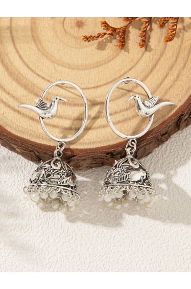 Silver Bird Decor Bell Shape Jhumka Earrings