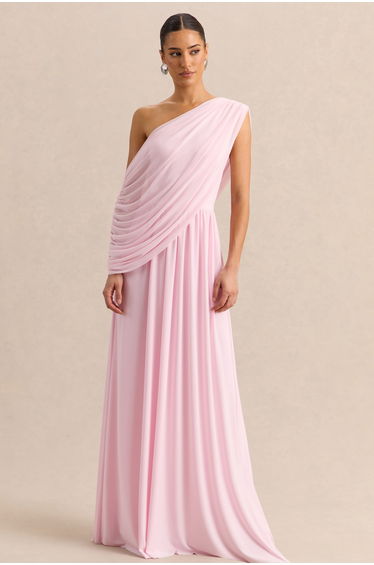 Sabianna | Pink Asymmetric-Neck Maxi Dress With Draped Detailing