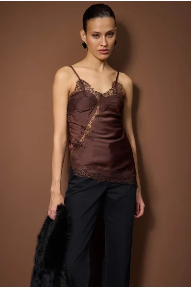 Brown lace detailed asymmetric cut satin Top
