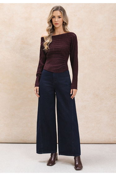 Timeless Buttoned Waist Cable Mix-Knit Top in Plum for Office & Coffee Dates