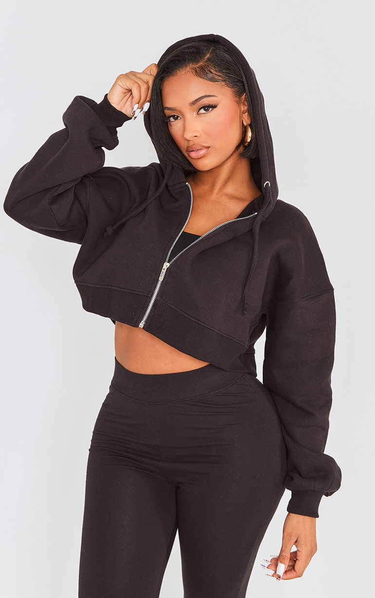 Shop Shape Black Zip Front Long Sleeve Cropped Hoodie Online in Oman