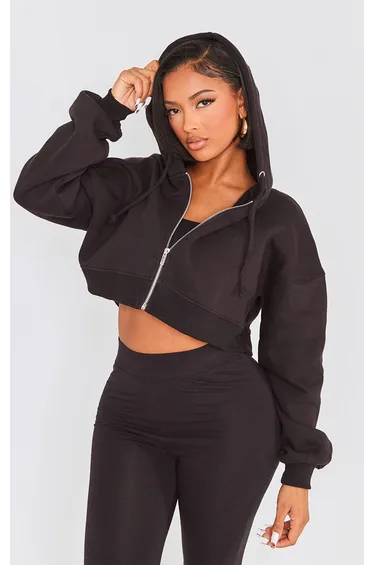 Shape Black Zip Front Long Sleeve Cropped Hoodie