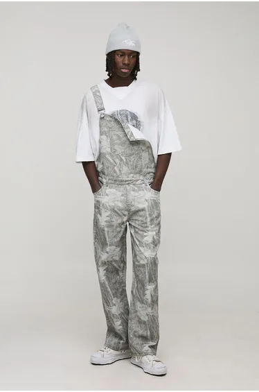 Baggy Fit Washed Forest Camo Dungarees - grey